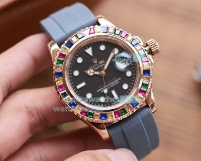 Copy Rolex Yacht-Master Black Dial Rainbow Bezel Black Rubber Strap Watch